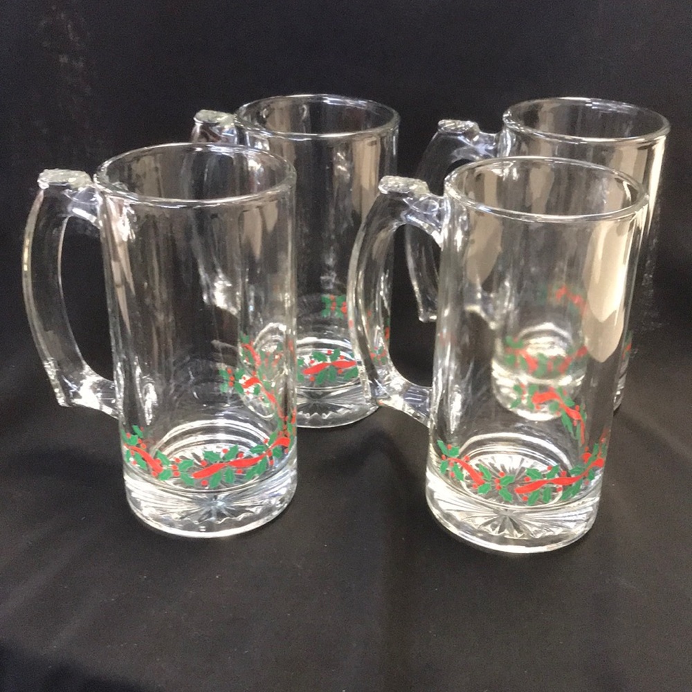 Vintage Libbey Holly & Berries Beer Steins/Mugs set‎ of 4